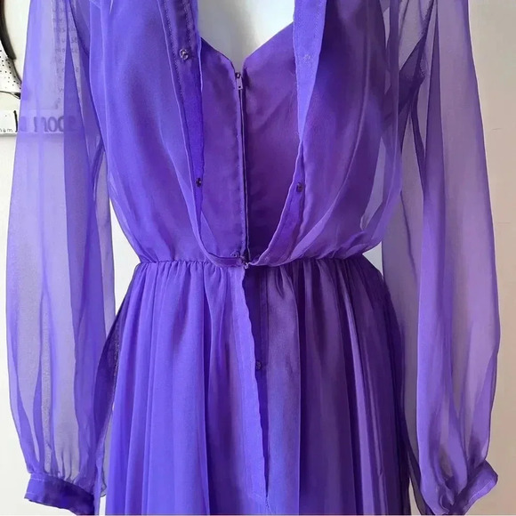 Vintage 60s Purple Chiffon Sheer Long Sleeve Pintuck Dress Size 12 - Picture 8 of 16